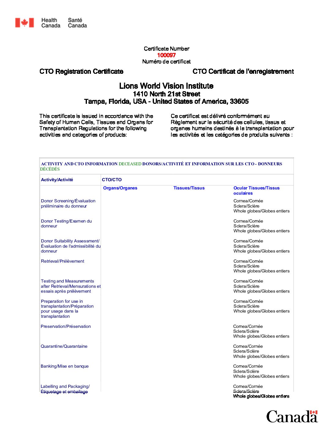 Click to open the Health Canada CTO (Cells/Tissues/Organs) Registration file