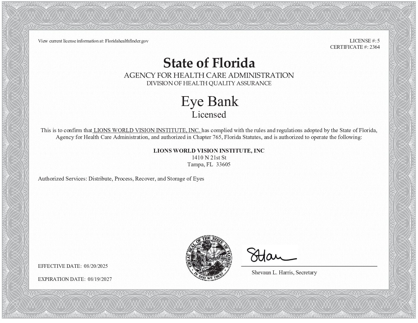 Click to open the State of Florida AHCA License Eye Bank file