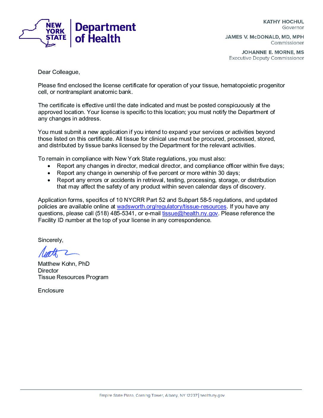 Click to open the State of New York Tissue Bank License file