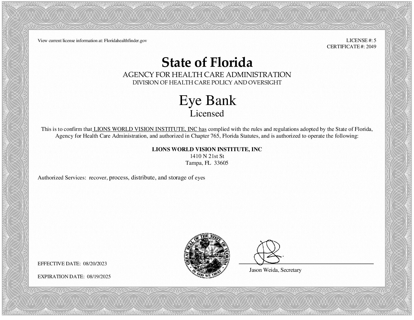 Click to open the State of Florida — AHCA License — Eye Bank file