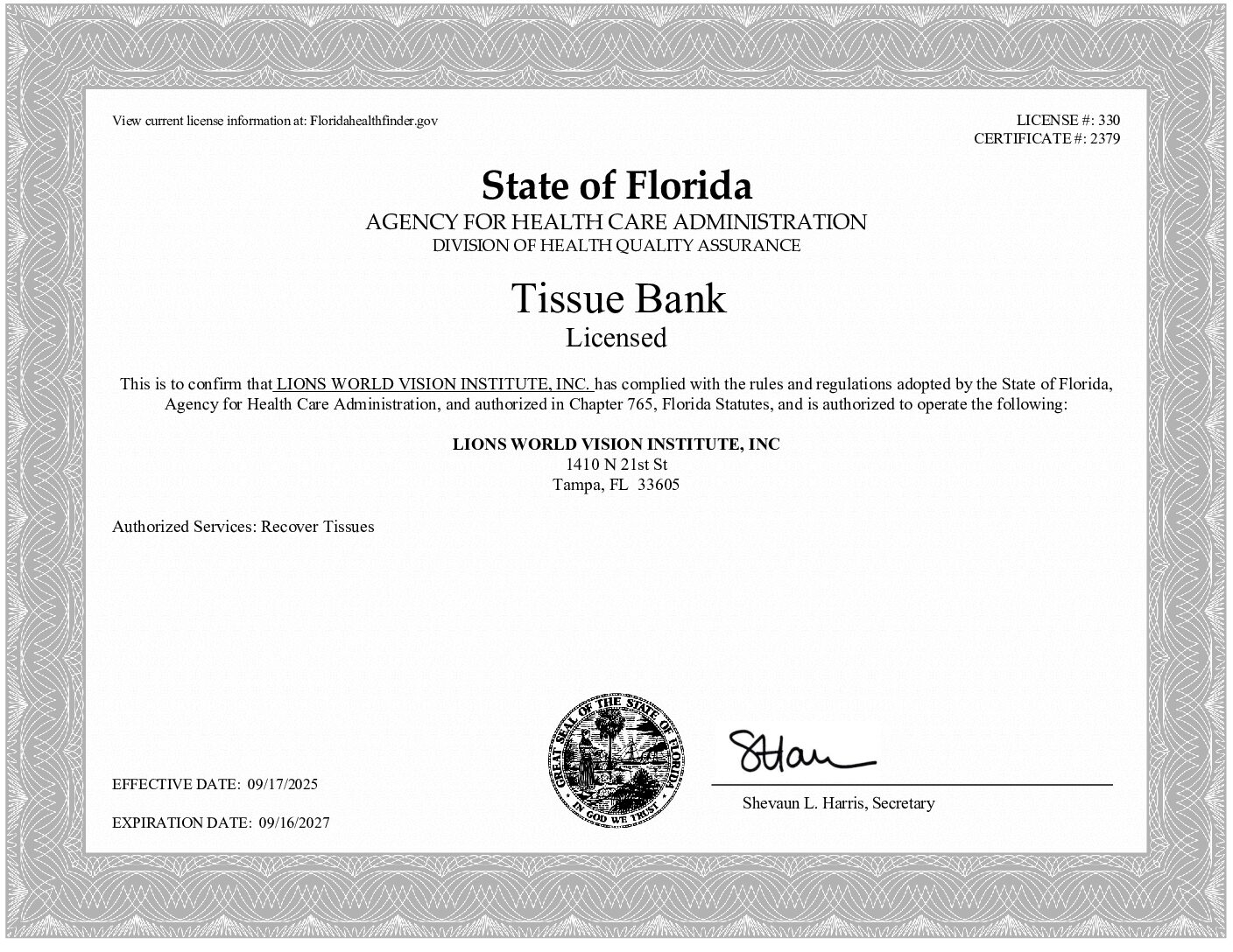 Click to open the State of Florida AHCA License – Tissue Bank file