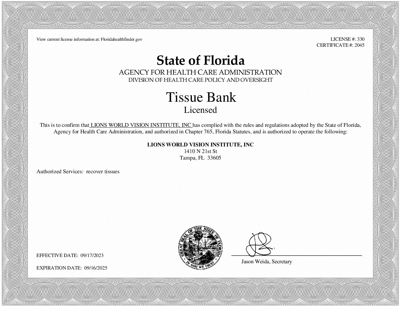 Click to open the State of Florida AHCA License – Tissue Bank file