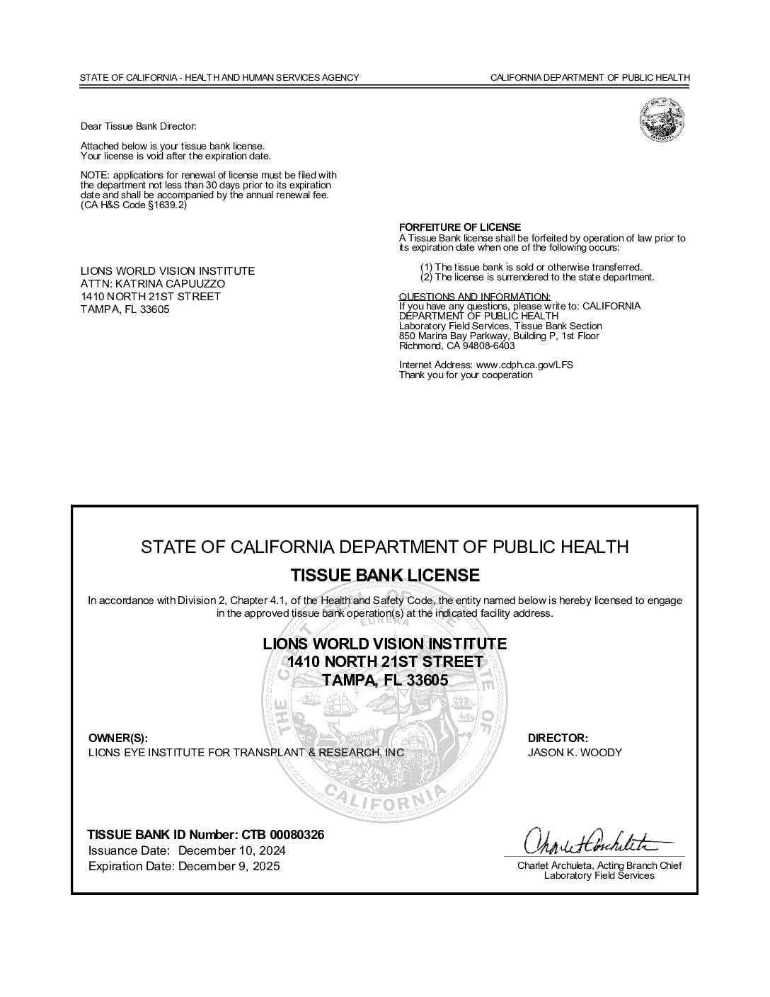 Click to open the State of California Tissue Bank License file