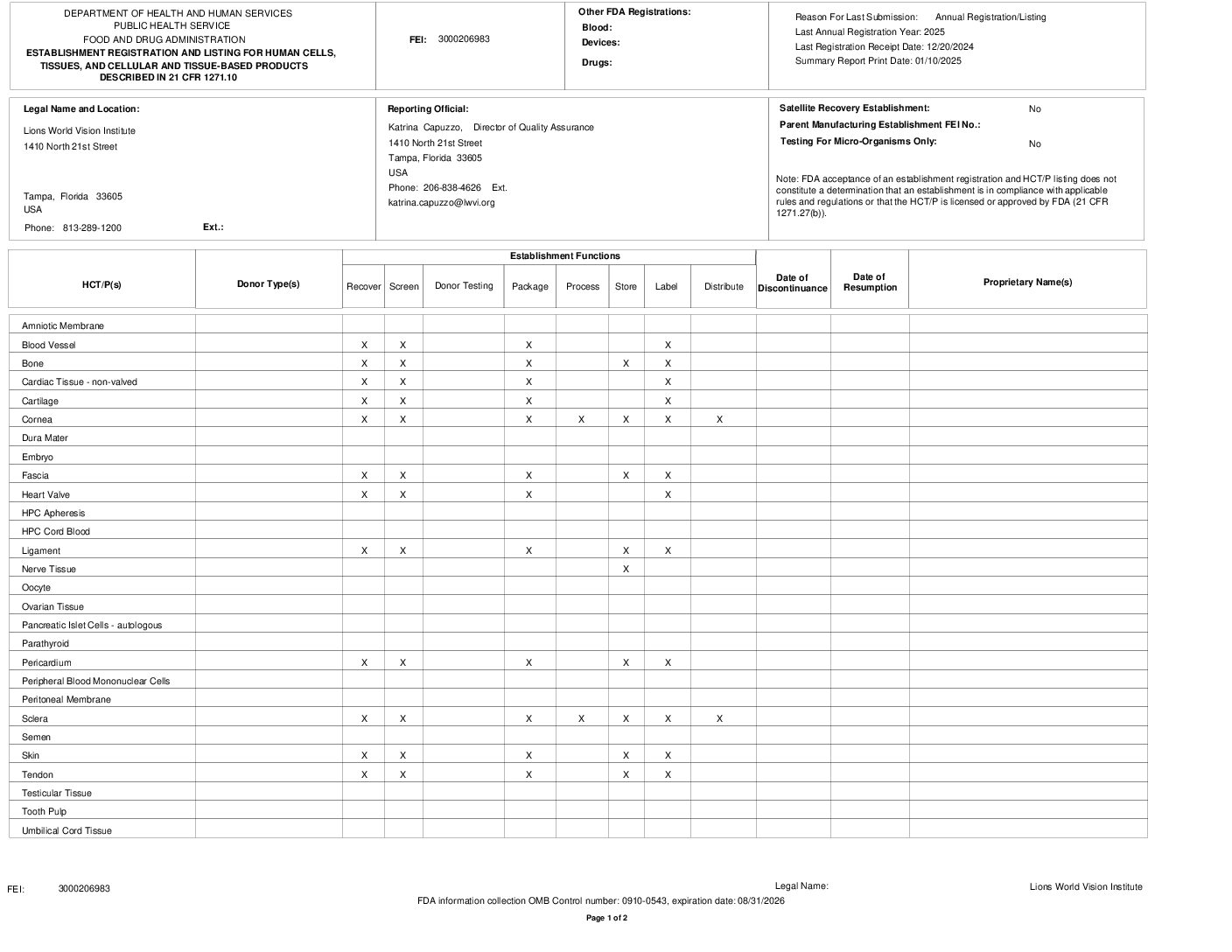 Click to open the FDA Registration Certificate (Tampa, FL) file