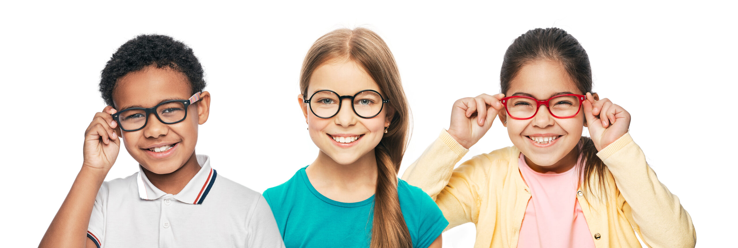 Make A Gift. About this photo: Group of smiling multiethnic kids wearing modern eyeglasses on white background