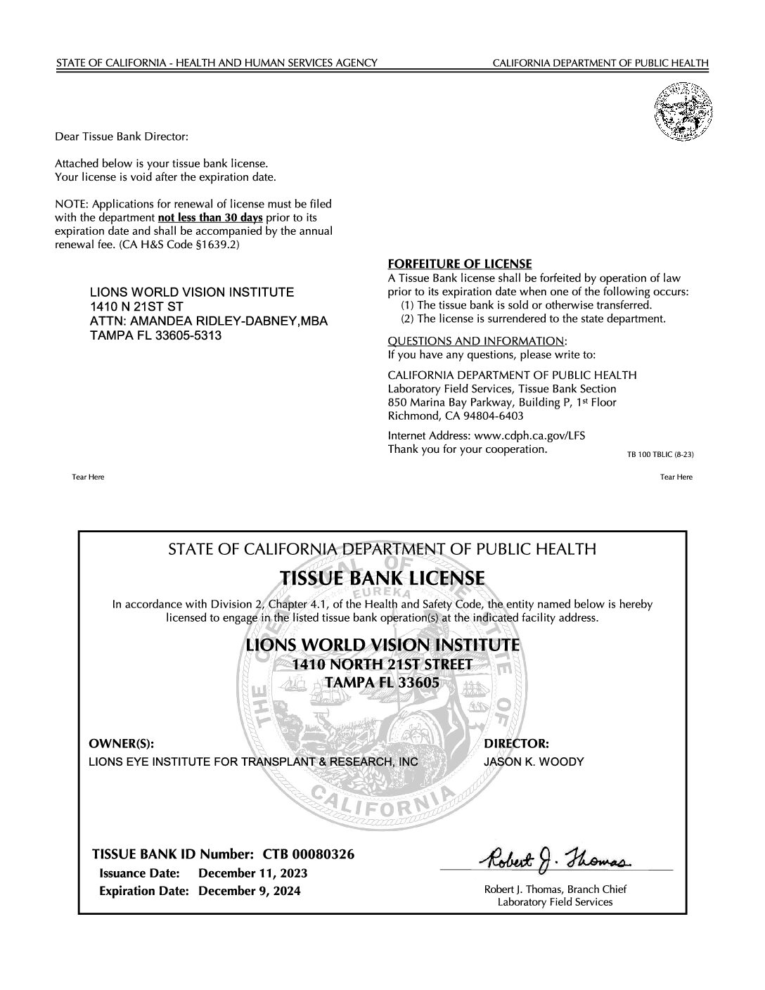 Click to open the State of California Tissue Bank License file