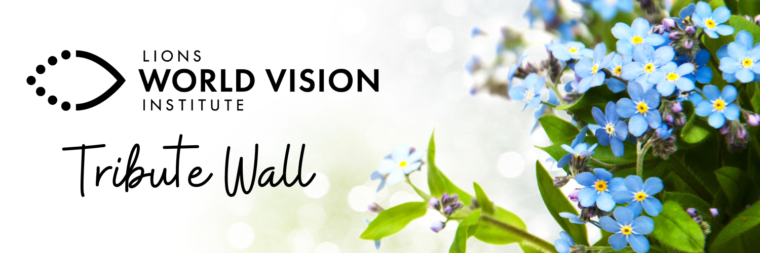 Blue forget-me-nots with Lions World Vision Institute logo with Tribute Wall in black text