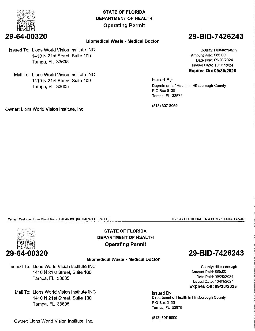 Click to open the State of Florida Department of Health Operating Permit file