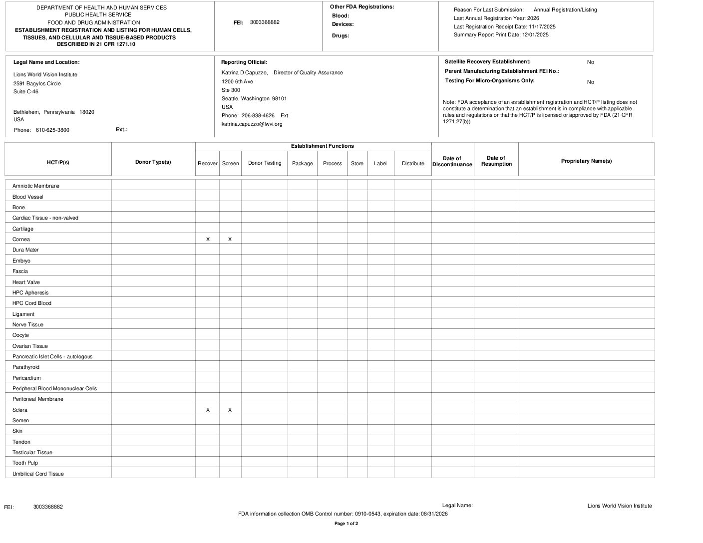 Click to open the FDA Registration Certificate (Bethlehem, PA lab) file