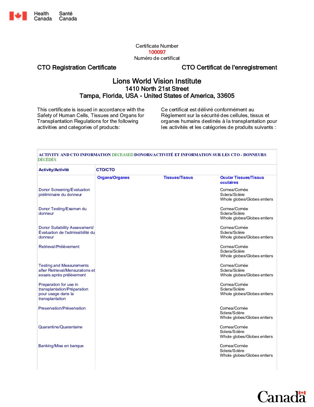Click to open the Health Canada CTO (Cells/Tissues/Organs) Registration file